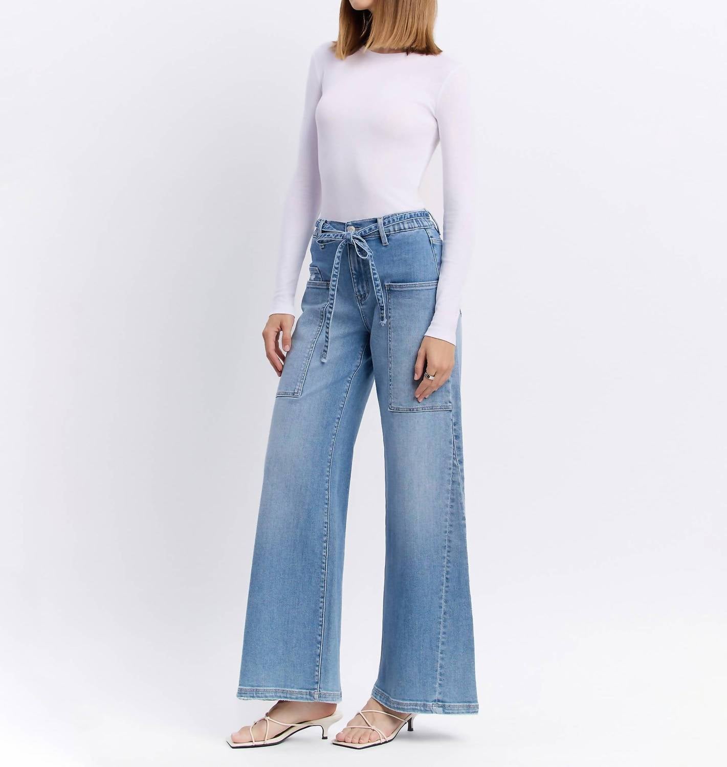 Flying Monkey - Carmen High Rise Elastic Tie Waistband Baggy Wide Jeans