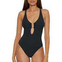 BECCA Women's Ribbed Plunge Neck Tie Back One Piece Swimsuit in black - women's swimwear