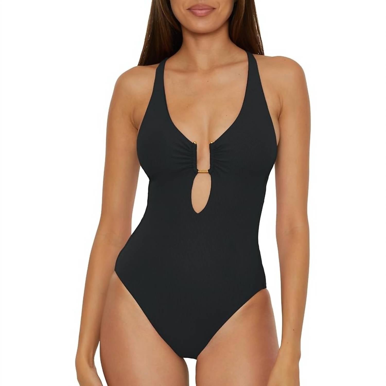 BECCA Women's Ribbed Plunge Neck Tie Back One Piece Swimsuit in black - women's swimwear