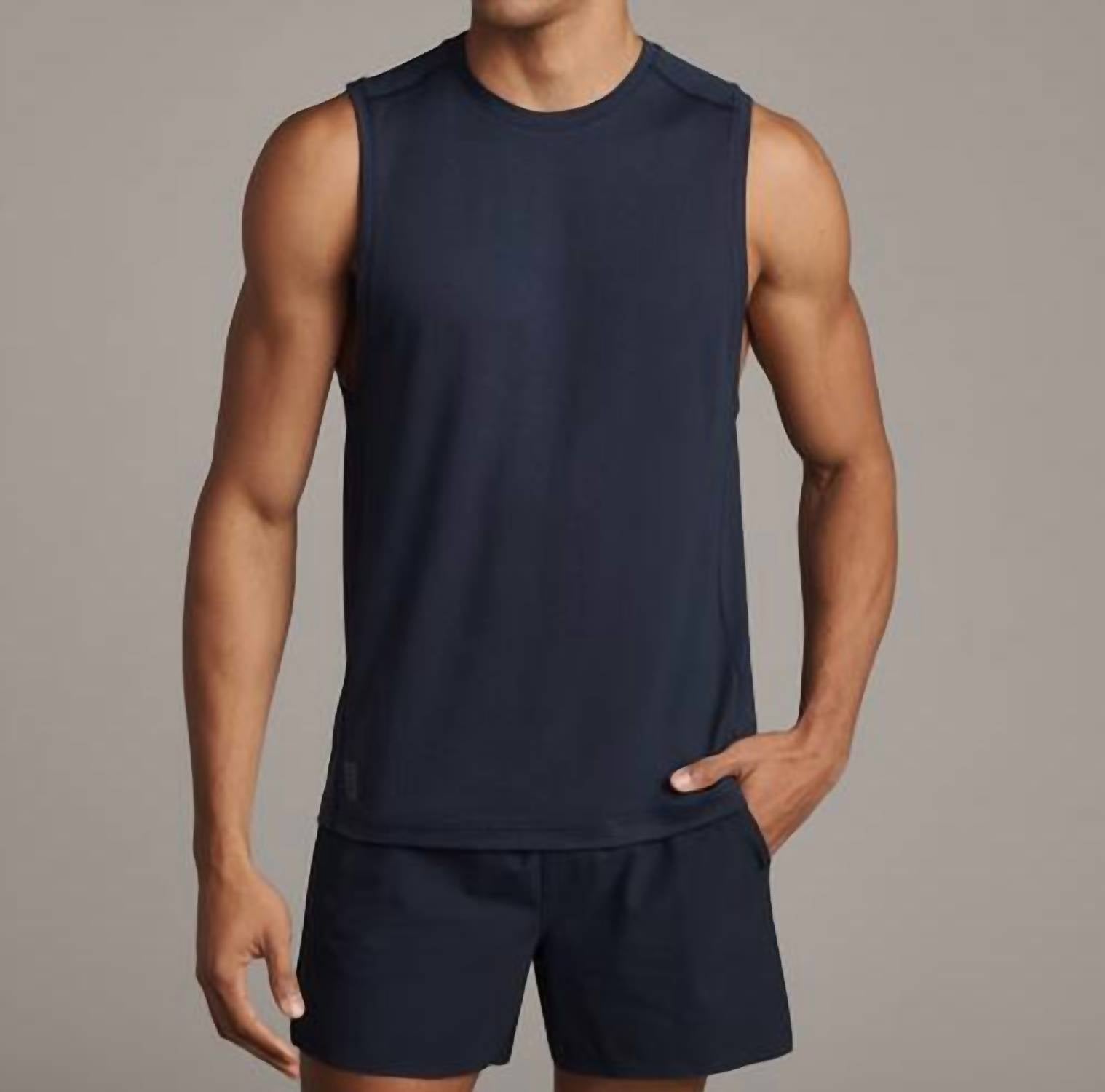 RHONE Invictus Training Tank Top in navy - men's tank top - detail view