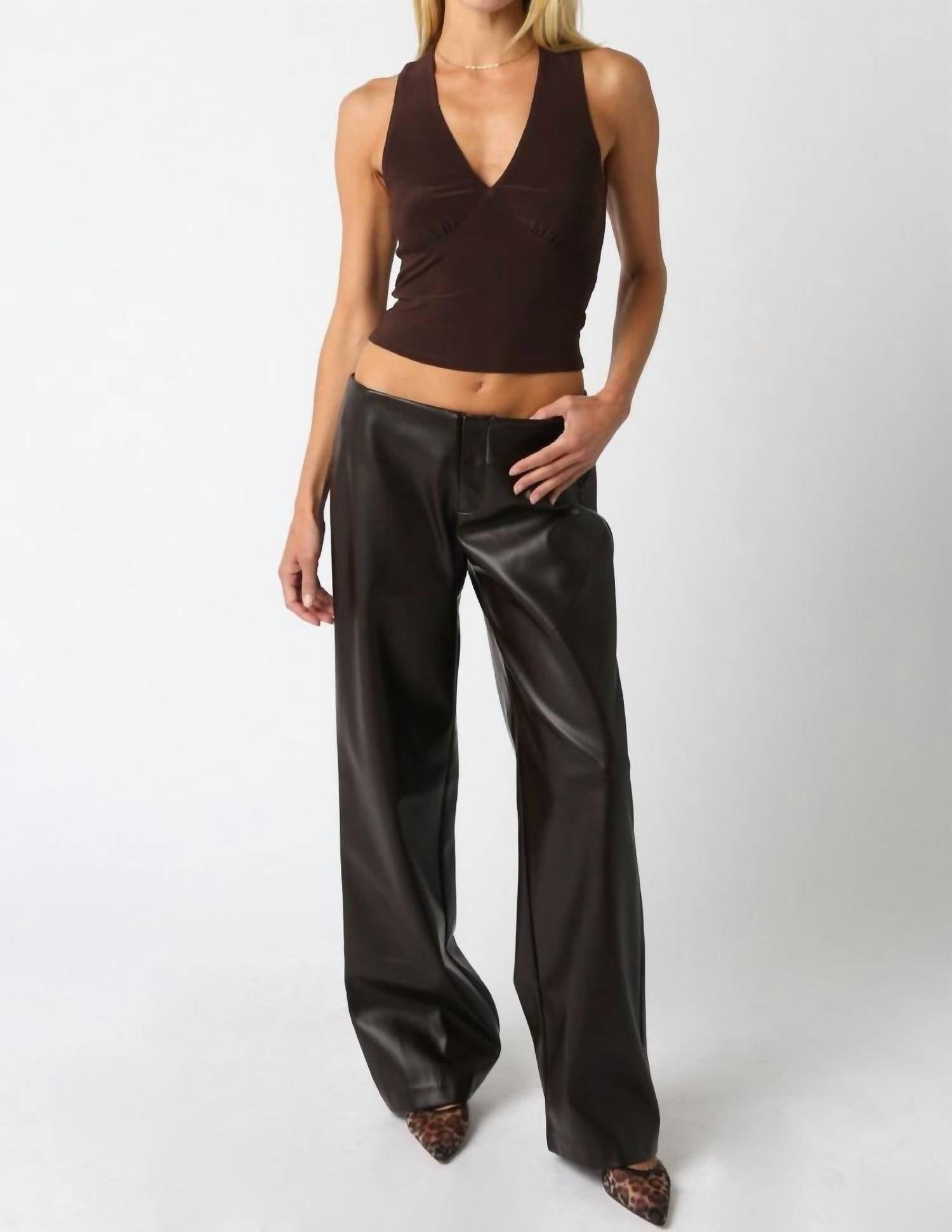 Olivaceous - York Low Rise Bootcut Vegan Leather Pants