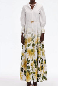 Oscar de la Renta Long Sleeve Chrysanthemum Fade Poplin Caft Dress in yellow white - women's dress - alternate view