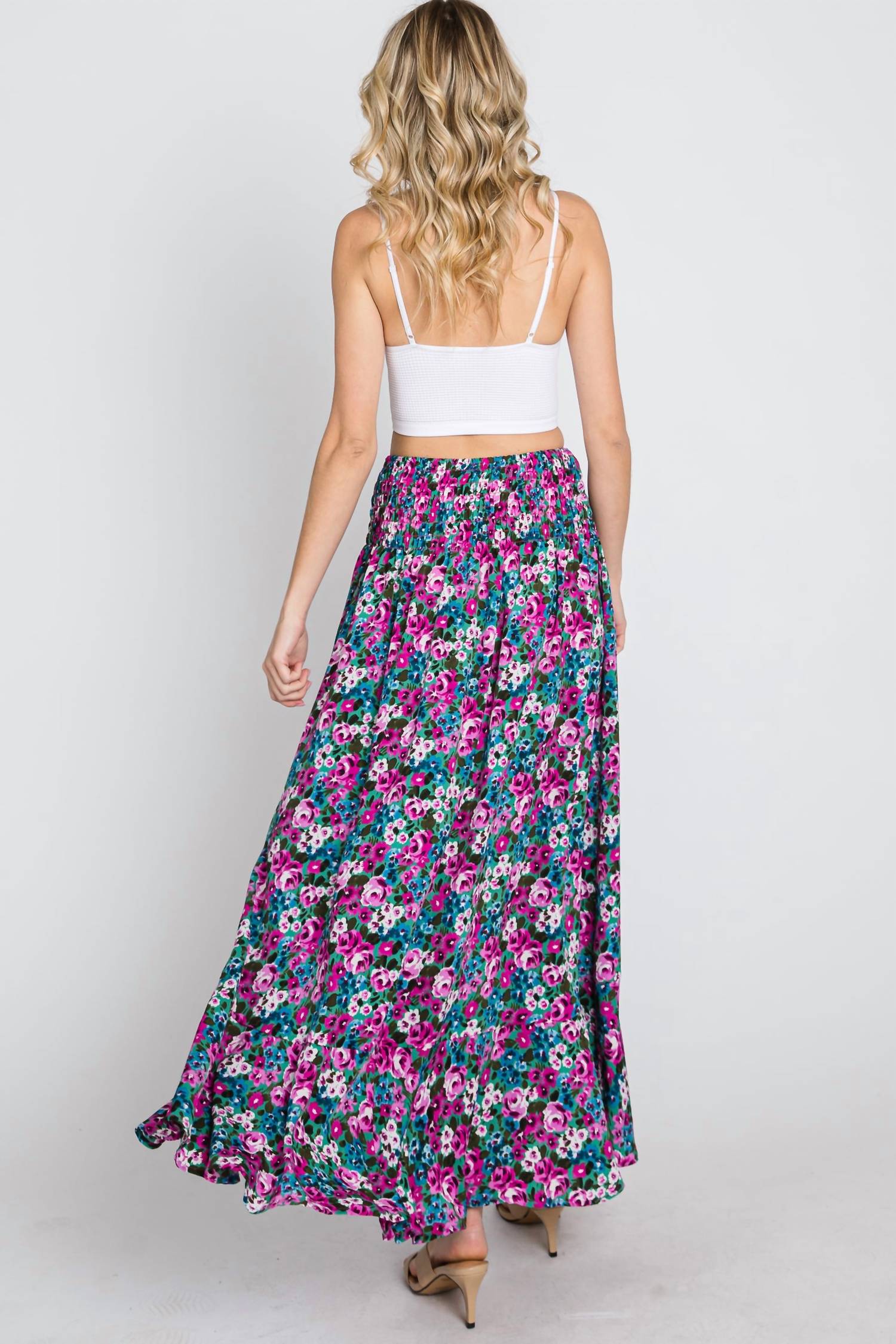 Ee:Some - Floral Maxi Skirt With Smocked Waist & Button Front