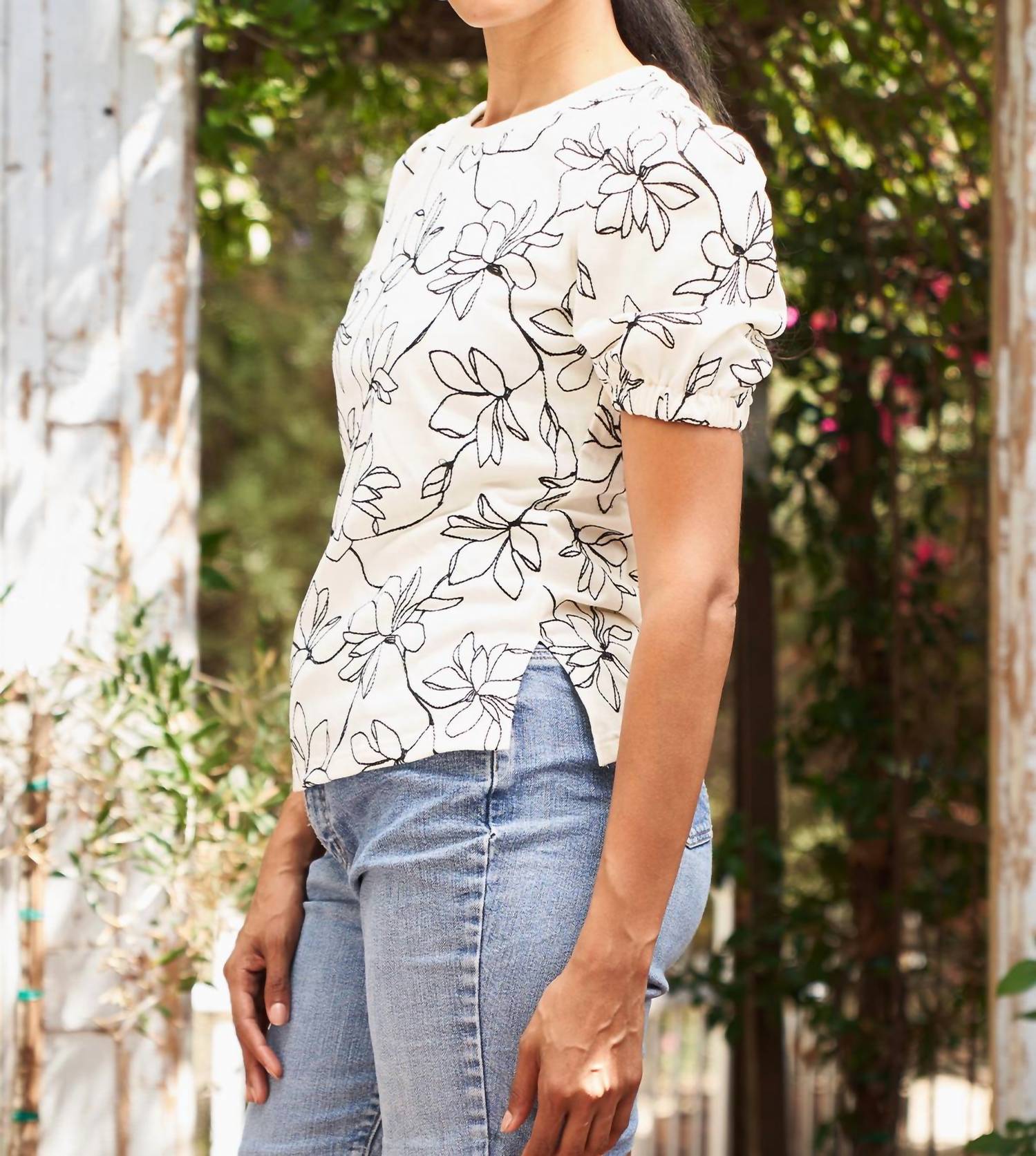 PAPARAZZI Embroidered French Terry Puff Sleeve Top in ivory black - women's blouse - view 4