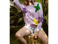 BiBi Sequin Velvet Star Patches Mardi Gras Sweater in lavender - women's sweater - alternate view