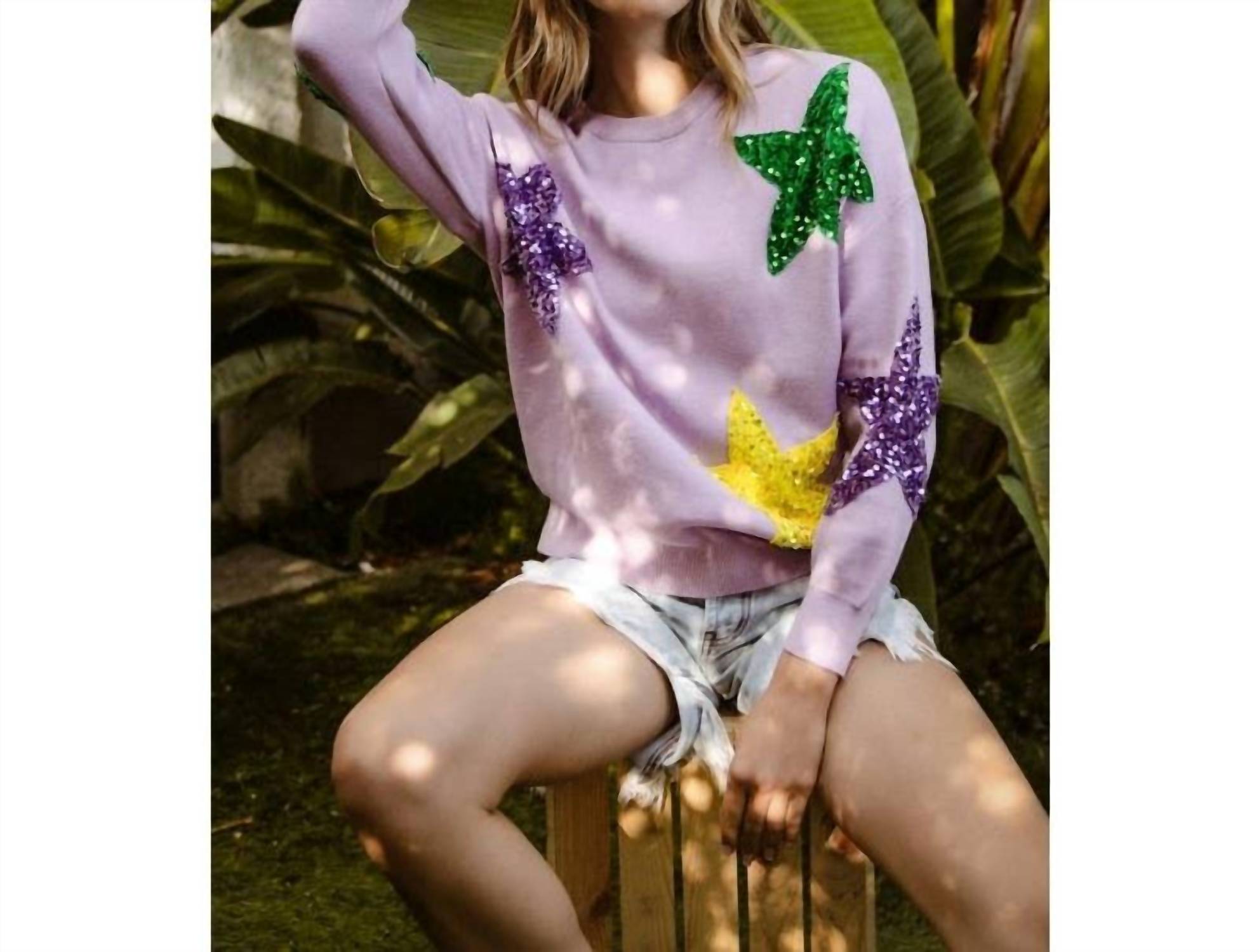 BiBi Sequin Velvet Star Patches Mardi Gras Sweater in lavender - women's sweater - alternate view