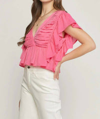 Entro - Solid V-neck Butterfly Sleeve Top