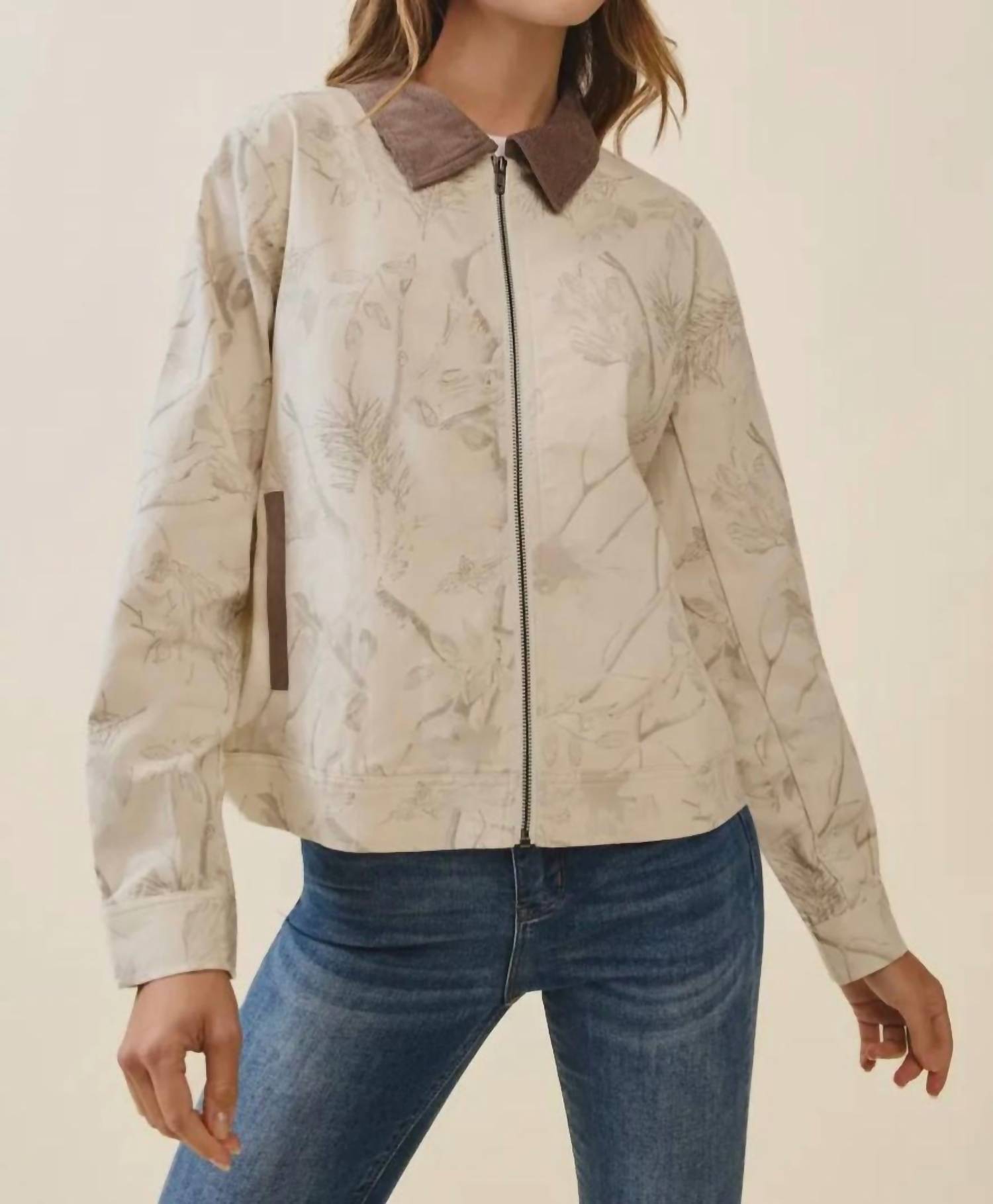 Tcec - Floral Print Corduroy Detail Jacket