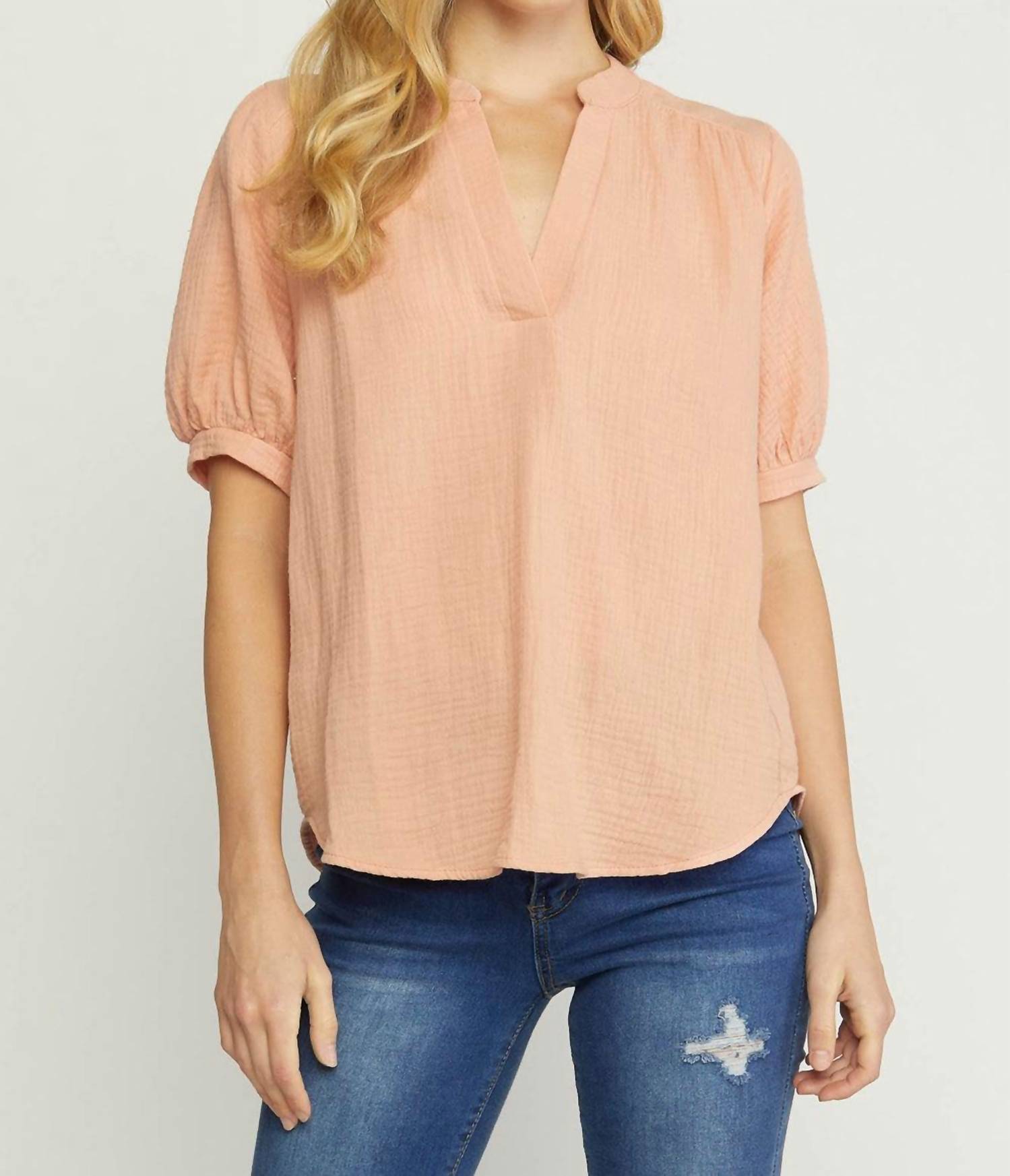 entro Textured Cotton Gauze Top in peach - women's shirt