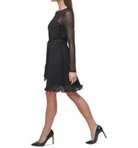 DKNY Jewel-neck Belted A-line Pleated Mesh Dress in black - women's dress - view 4