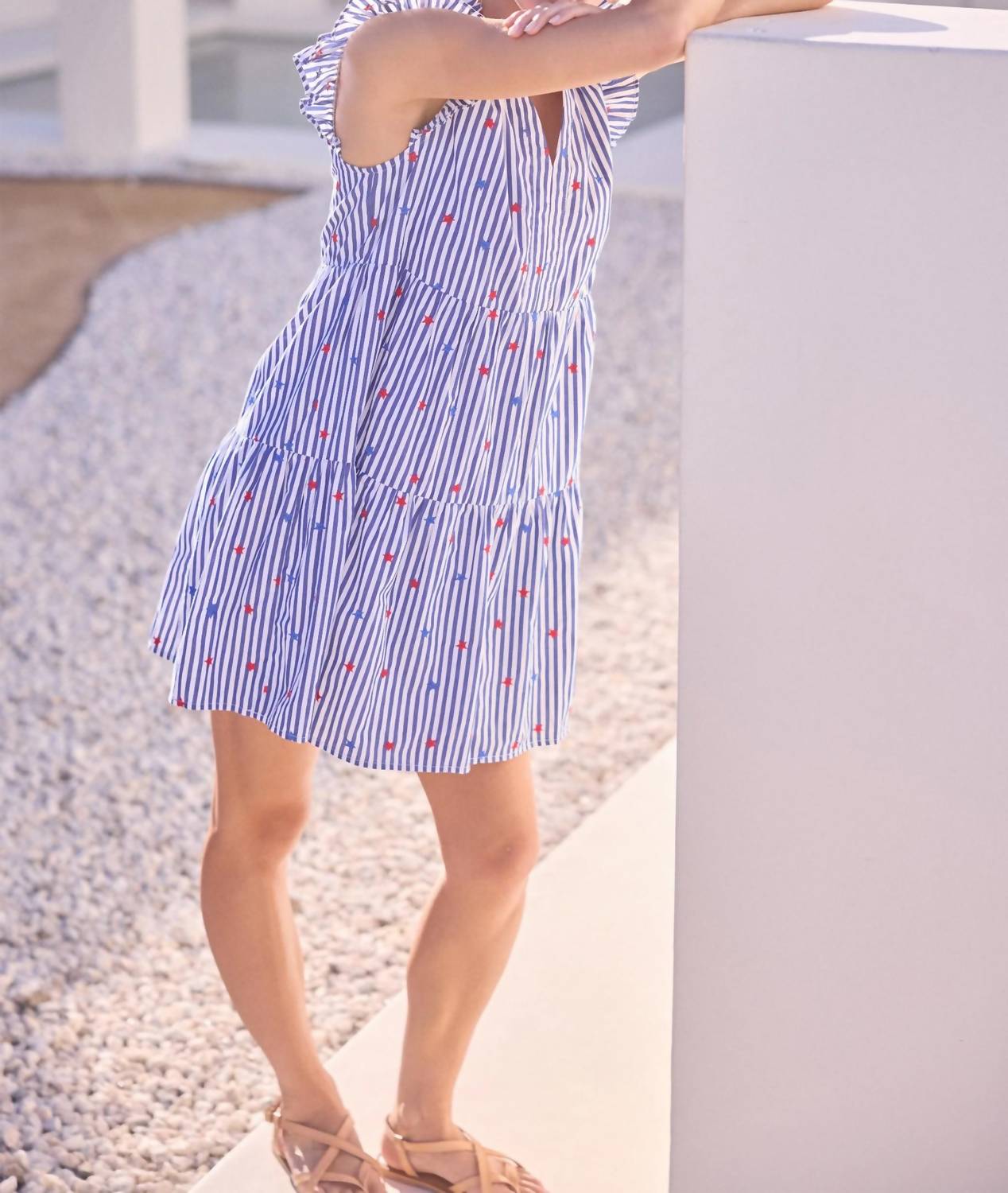 Skies Are Blue - Striped Mini Dress With Star Embroidery