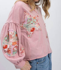 Blue Velvet - Patchwork Balloon Sleeve Top