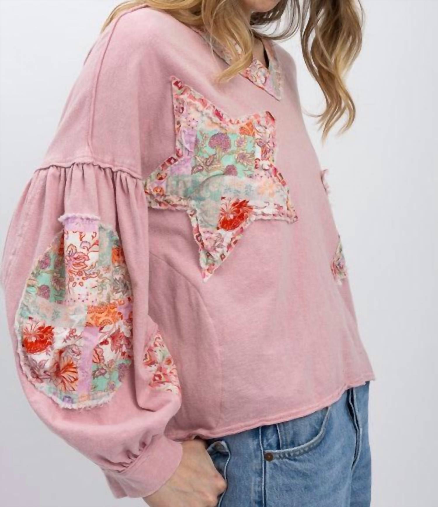Blue Velvet - Patchwork Balloon Sleeve Top