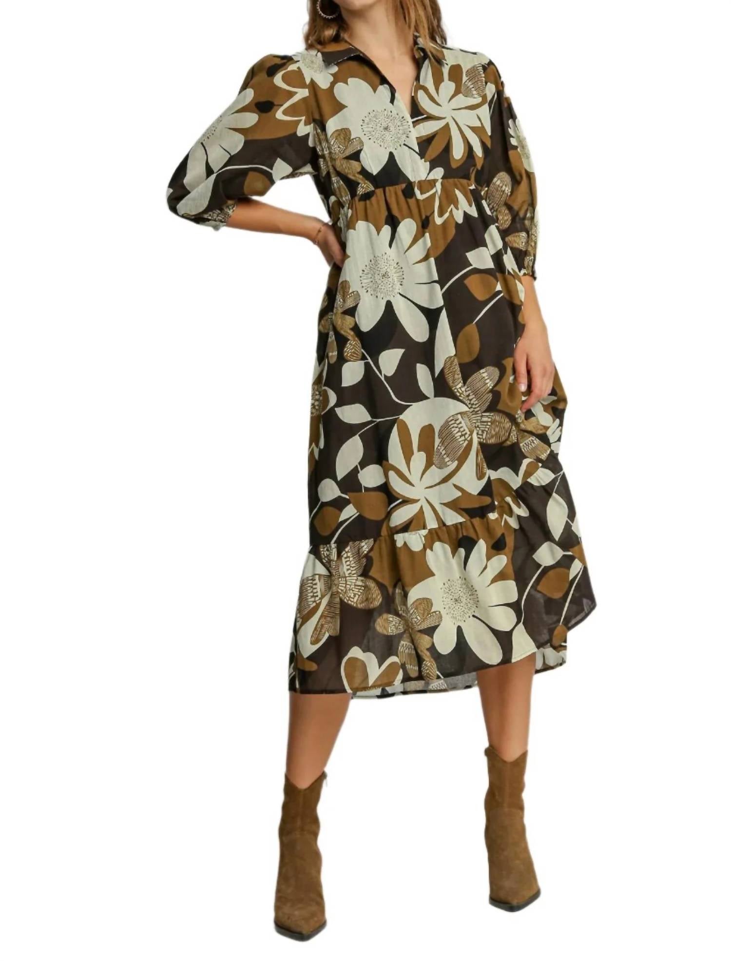 Umgee - Floral Abstract Tiered Midi Dress