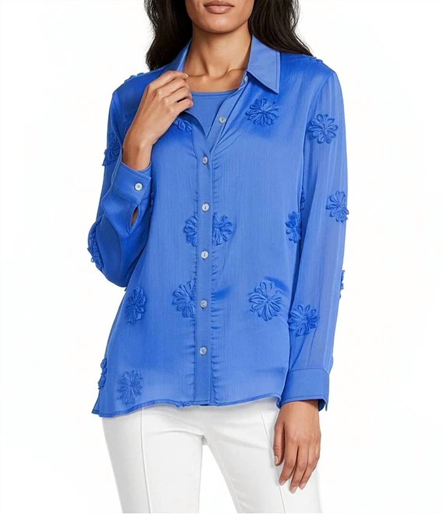 Multiples - Button Front Top With Floral Trim And Knit Tank