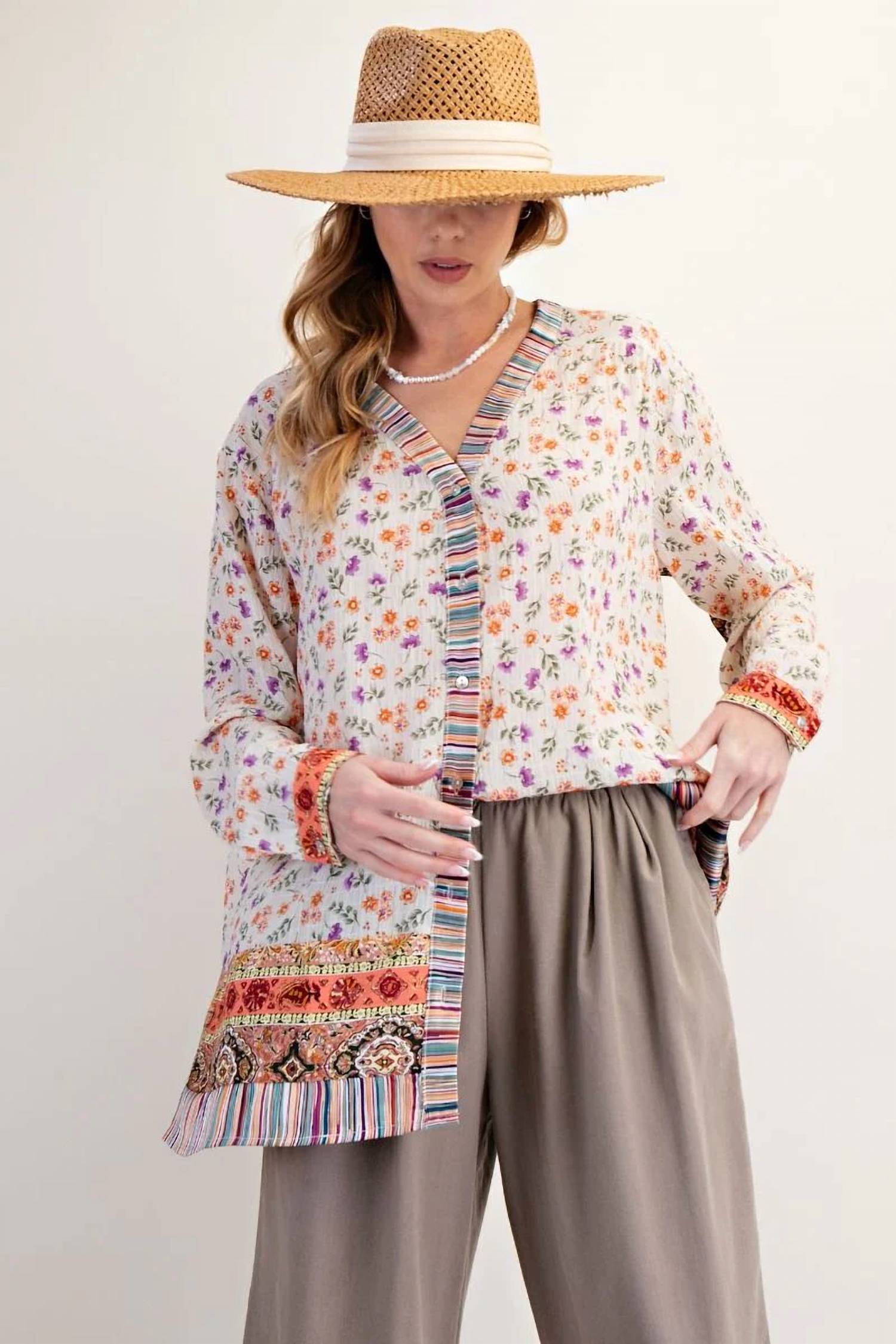 Easel - Mixed Print Button Down Top