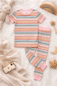 Emerson And Friends - Kids Sunset Stripe Two-piece Bamboo Short Sleeve Pajama Pants Set