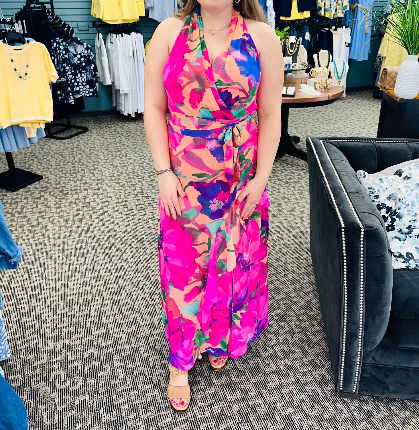 London Times - Halter Maxi Dress With Sash Belt