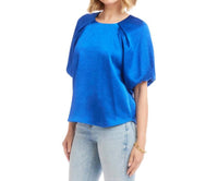 Karen Kane Puff Sleeve Satin Top in sapphire blue - women's blouse - alternate view