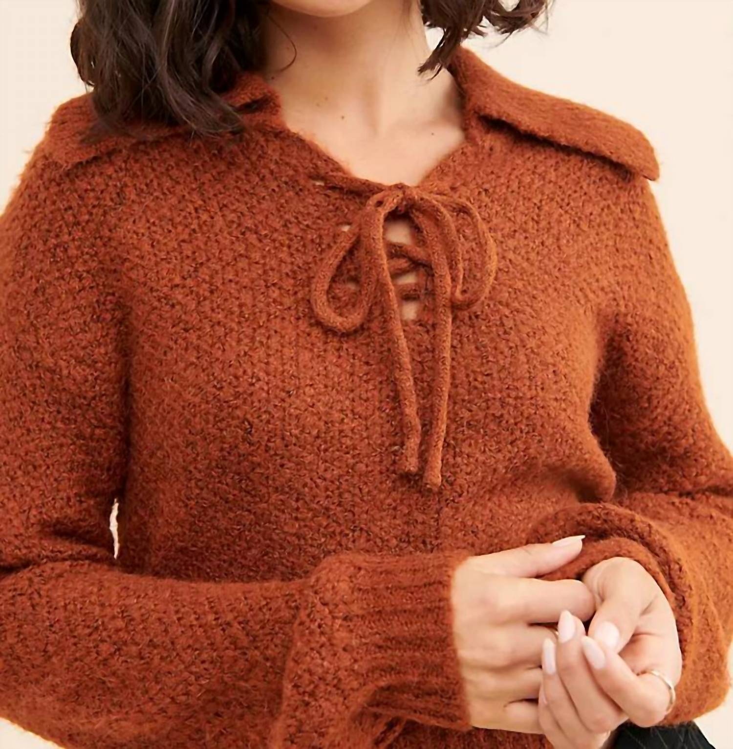 Sage The Label - Sophia Lace Up V Neck Sweater Top