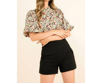 Thml - Floral Print Puff Sleeve High Neck Top With Short Sleeve