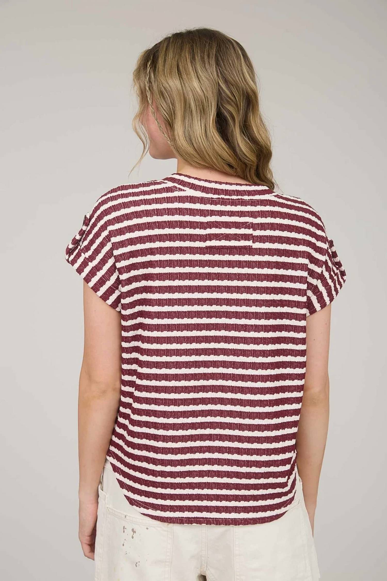 J.O.A. - Stripe Textured Knit Short Tab Sleeve Knit Top