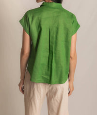 P.CILL Women's Linen Relaxed Short Sleeve Button Up Shirt in grass green - women's shirt - view 5