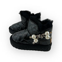 doe a dear Girl's Fur Trim Pearl Charm Quilted Boots in black - kids' boots