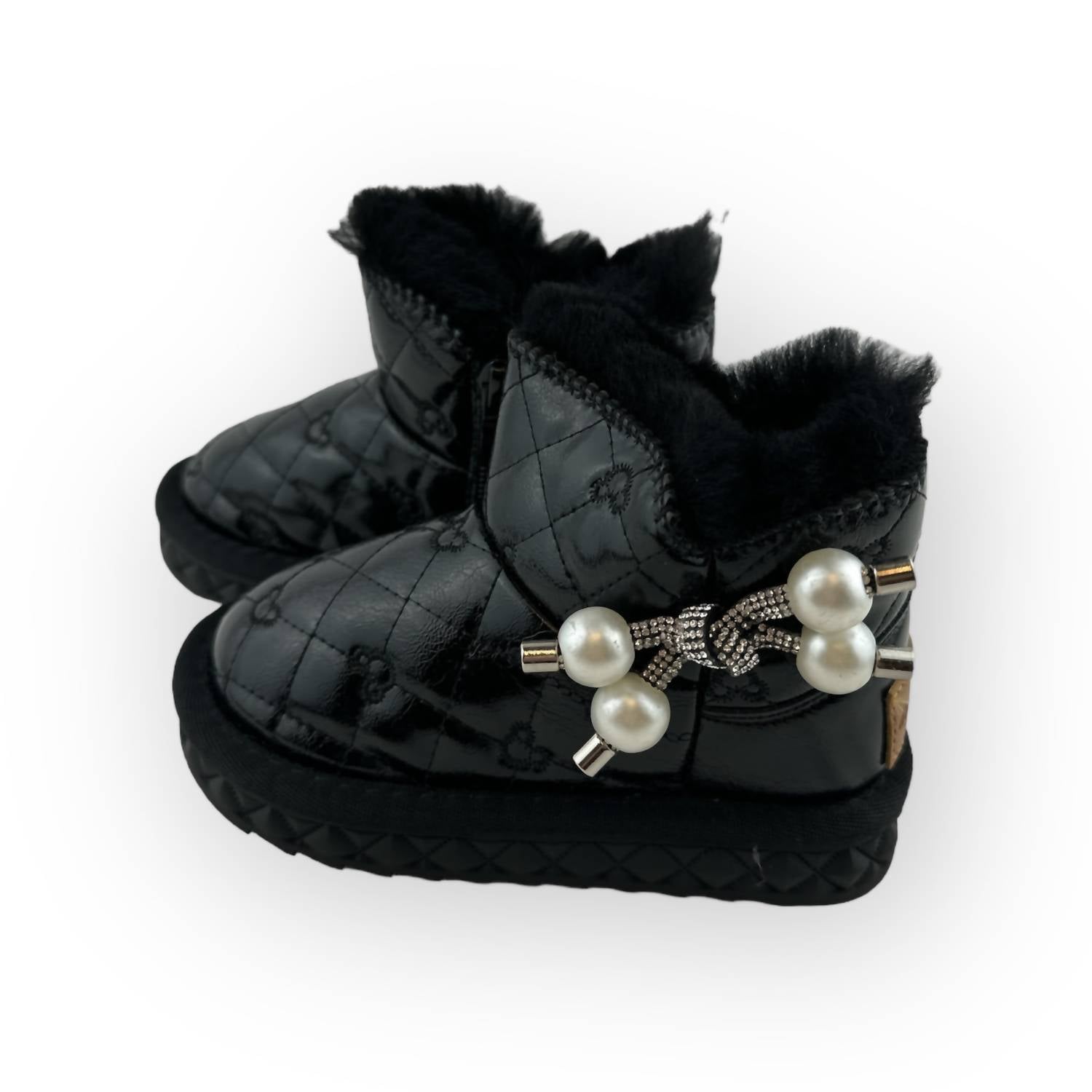 doe a dear Girl's Fur Trim Pearl Charm Quilted Boots in black - kids' boots