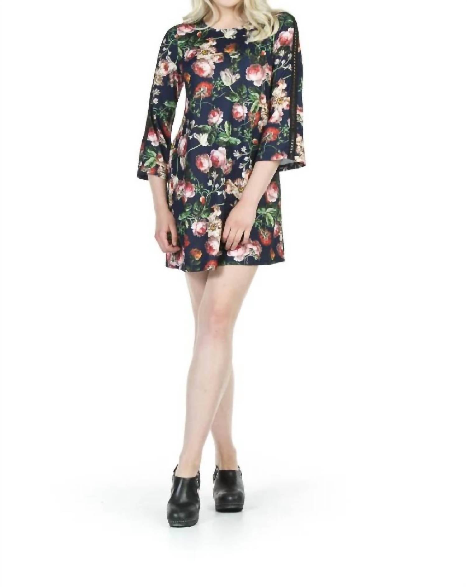 Papillon - Floral Print Lace Inset Bell Sleeve Dress