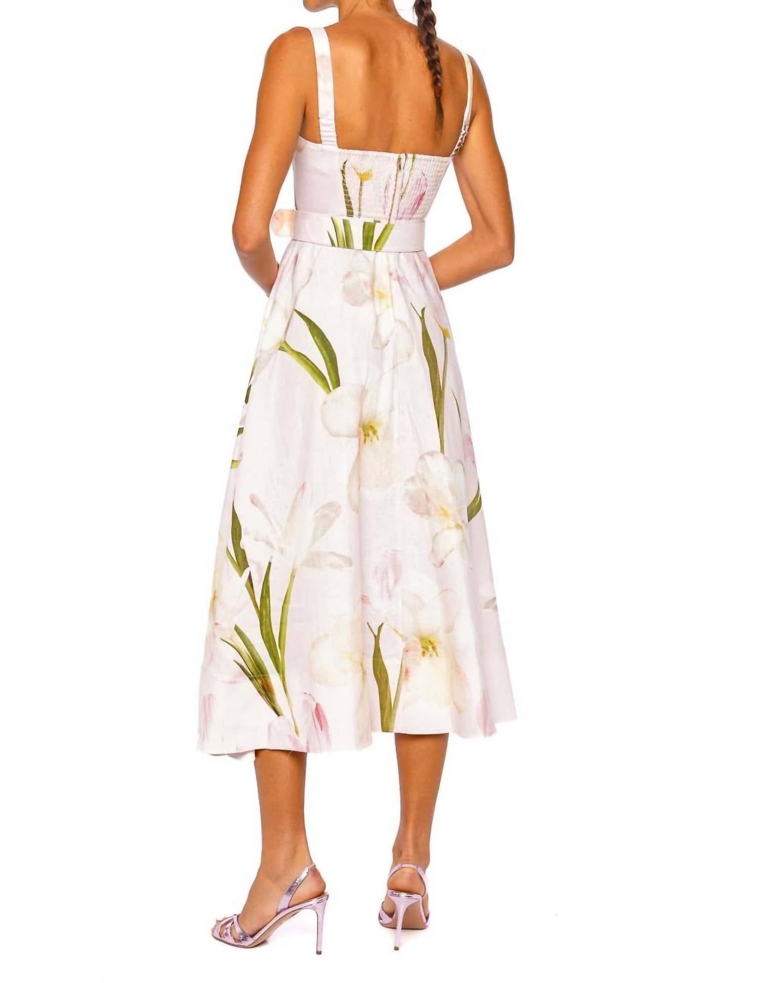 Cara Cara Calypso Floral Bustier Linen Midi Dress in lillian blush - women's dress - detail view