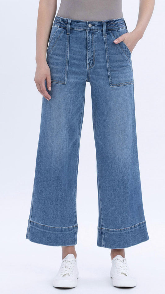 Lovervet - High Rise Elastic Waistband Utility Pocket Wide Leg Jean