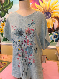 Jess & Jane Women Primrose Gauze Top in aqua multi - women's shirt