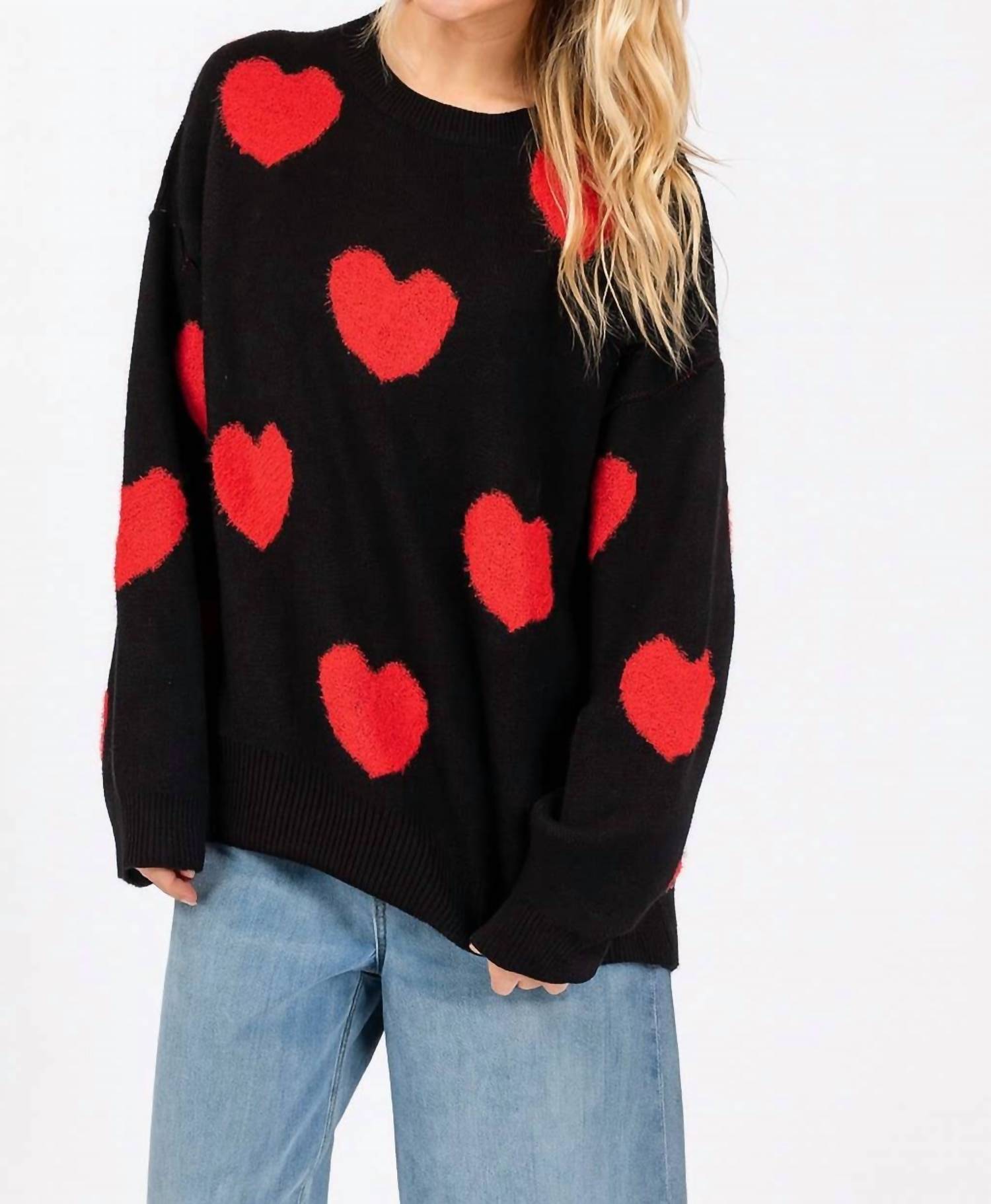 Sewn and Seen Oversized Valentine Side Slit Heart Sweater in black red - women's sweater