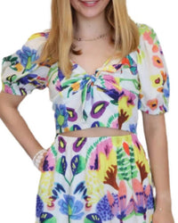 Joy Joy Tie Bustier Crop Top in island art - women's shirt