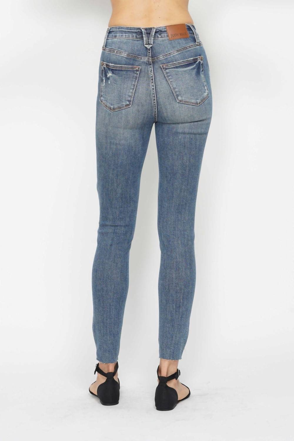 Judy Blue - High Waist Tummy Control Vintage Wash Destroyed Hem Skinny Jeans
