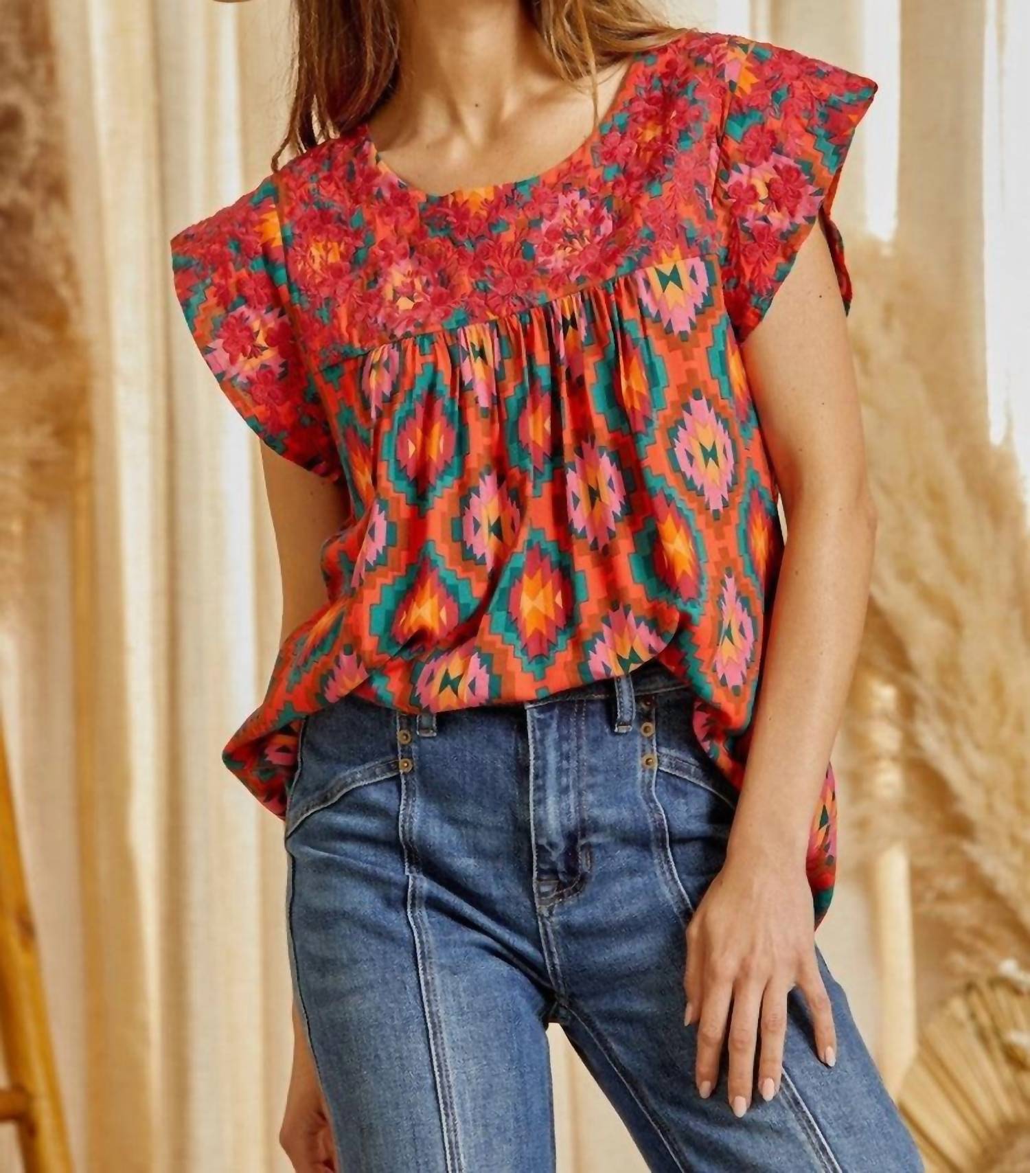 Savanna Jane - Aztec Embroidered Flutter Sleeve Top