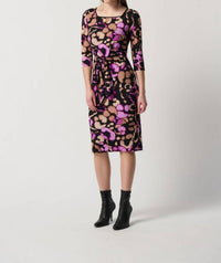 Joseph Ribkoff - Animal Print Waist-tie 3/4 Sleeve Sheath Dress