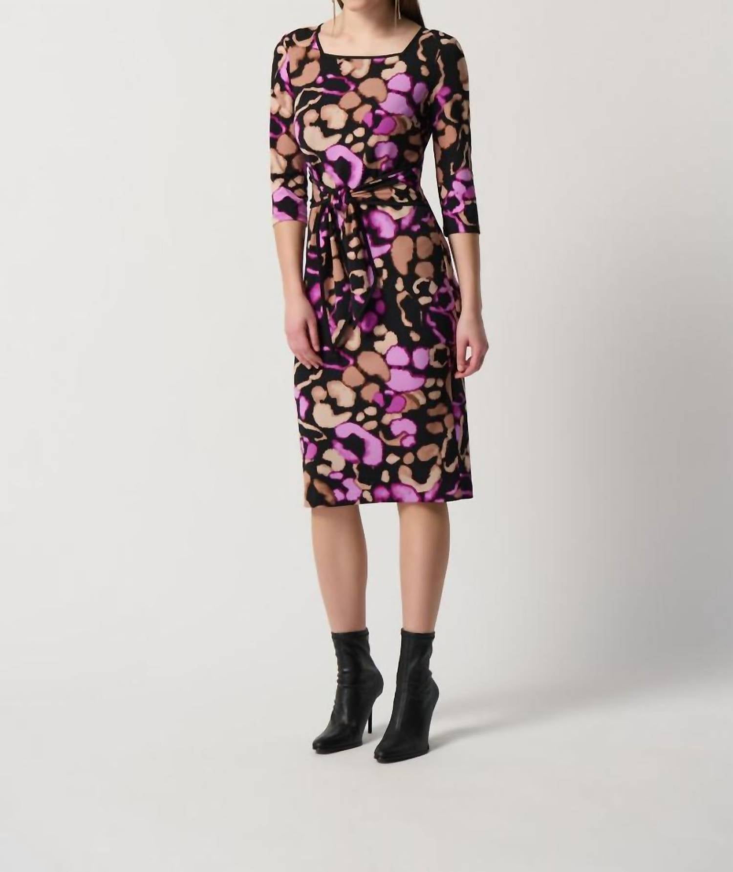 Joseph Ribkoff - Animal Print Waist-tie 3/4 Sleeve Sheath Dress