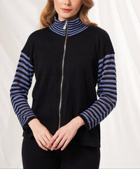 Angel Apparel Stripe Zip Up Knit Top in black denim - women's top - detail view