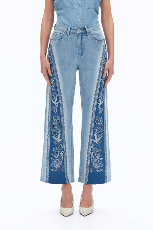 Bayeas - Ultra High-rise Embroidered Wide Leg Patchwork Jeans