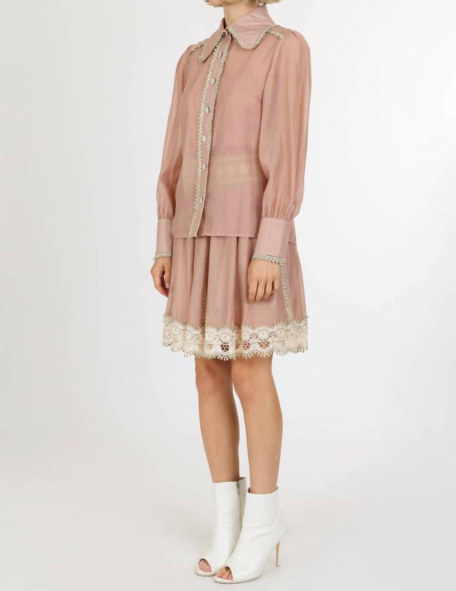 Beulahstyle - Lace Trim Detail Chiffon Shirt & Mini Skirt Set