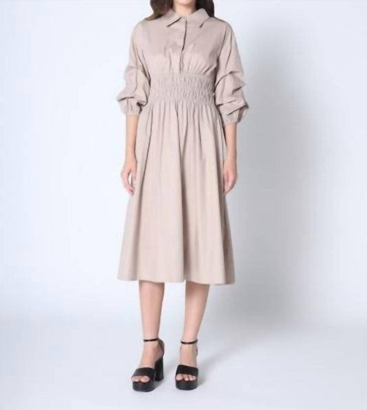 Gracia - Ruched Puff Sleeve A Line Midi Dress