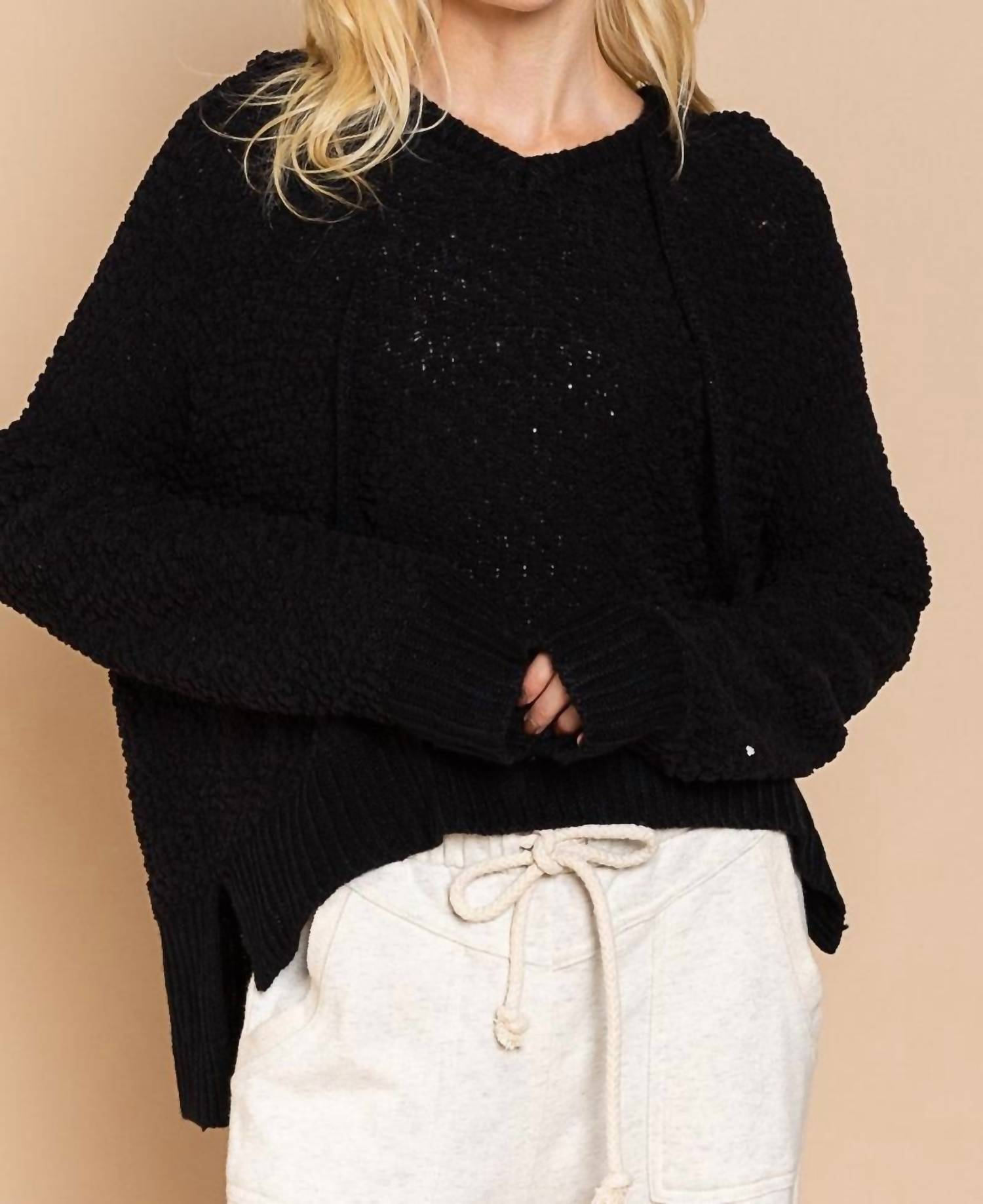 POL Textured Knit Hoodie in black - women's top - view 6