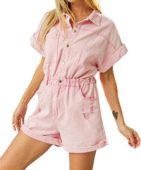 BiBi Vintage Washed Distressed Romper in light pink - women's pants - detail view