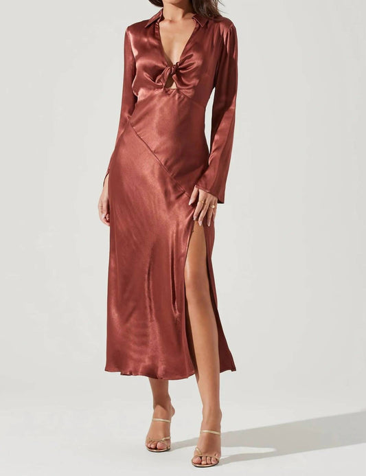 WANDA SATIN CUTOUT LONG SLEEVE MIDI DRESS