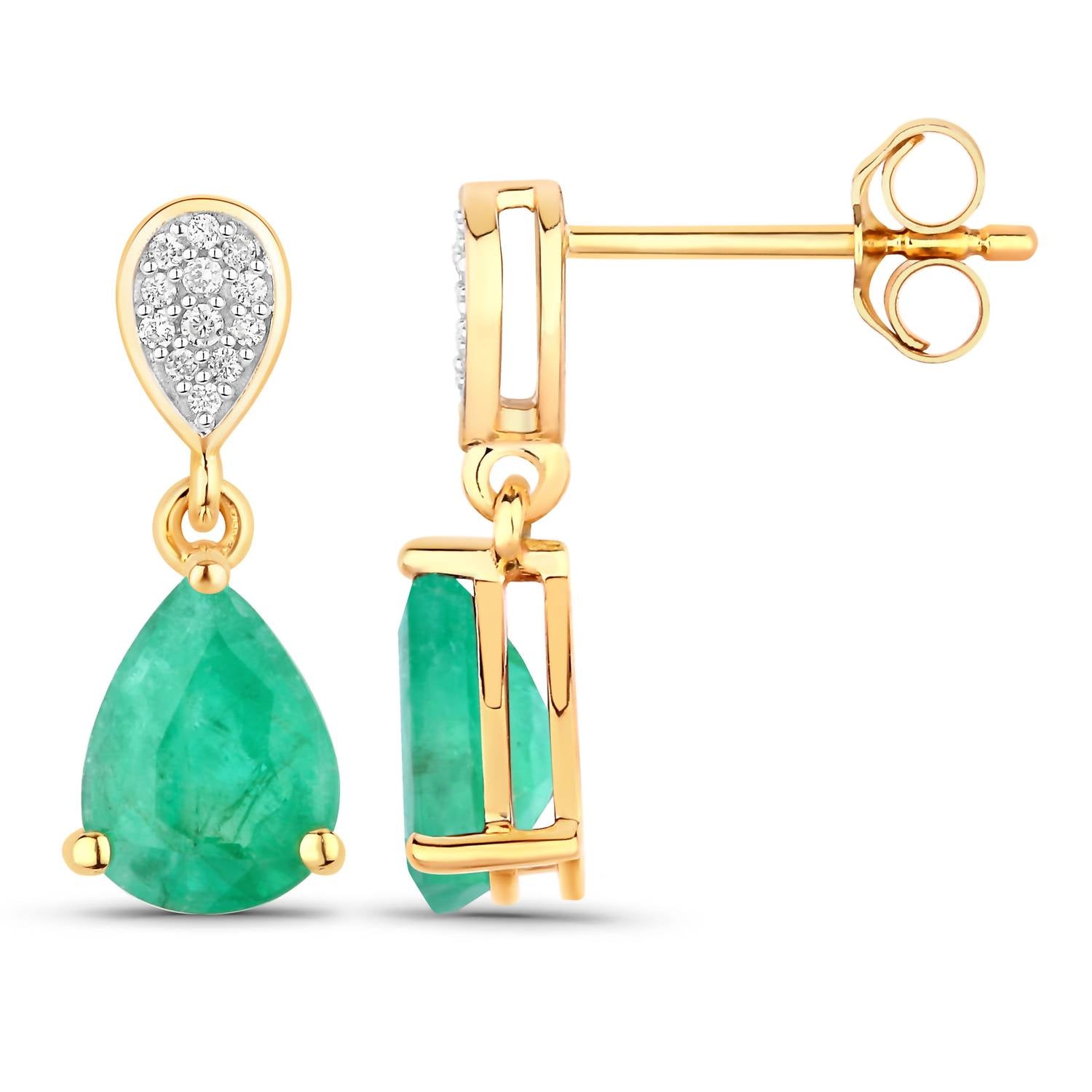 Diana M Jewels Women's Pear Natural Zambian Emerald Stud Earrings (2.28 Ct) - Classic Plus in 14k yellow gold - women's jewelry - detail view