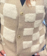 Adora - Button Down Puff Checker Sweater Cardigan