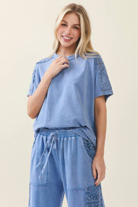 J.Her - Mineral Washed Boho Trim Blouse Top