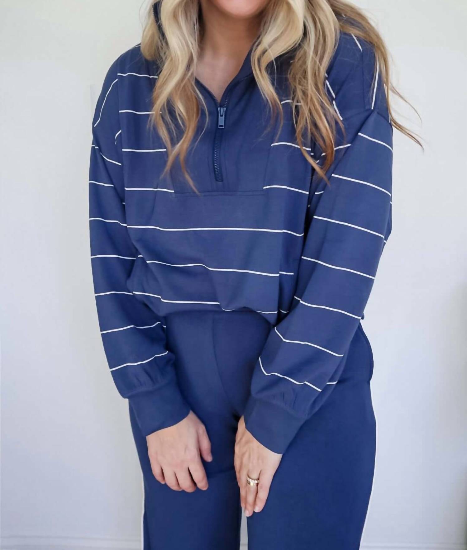 Rae Mode - Victoria Stripe Quarter Zip Top & Piping Straight Leg Pant Set
